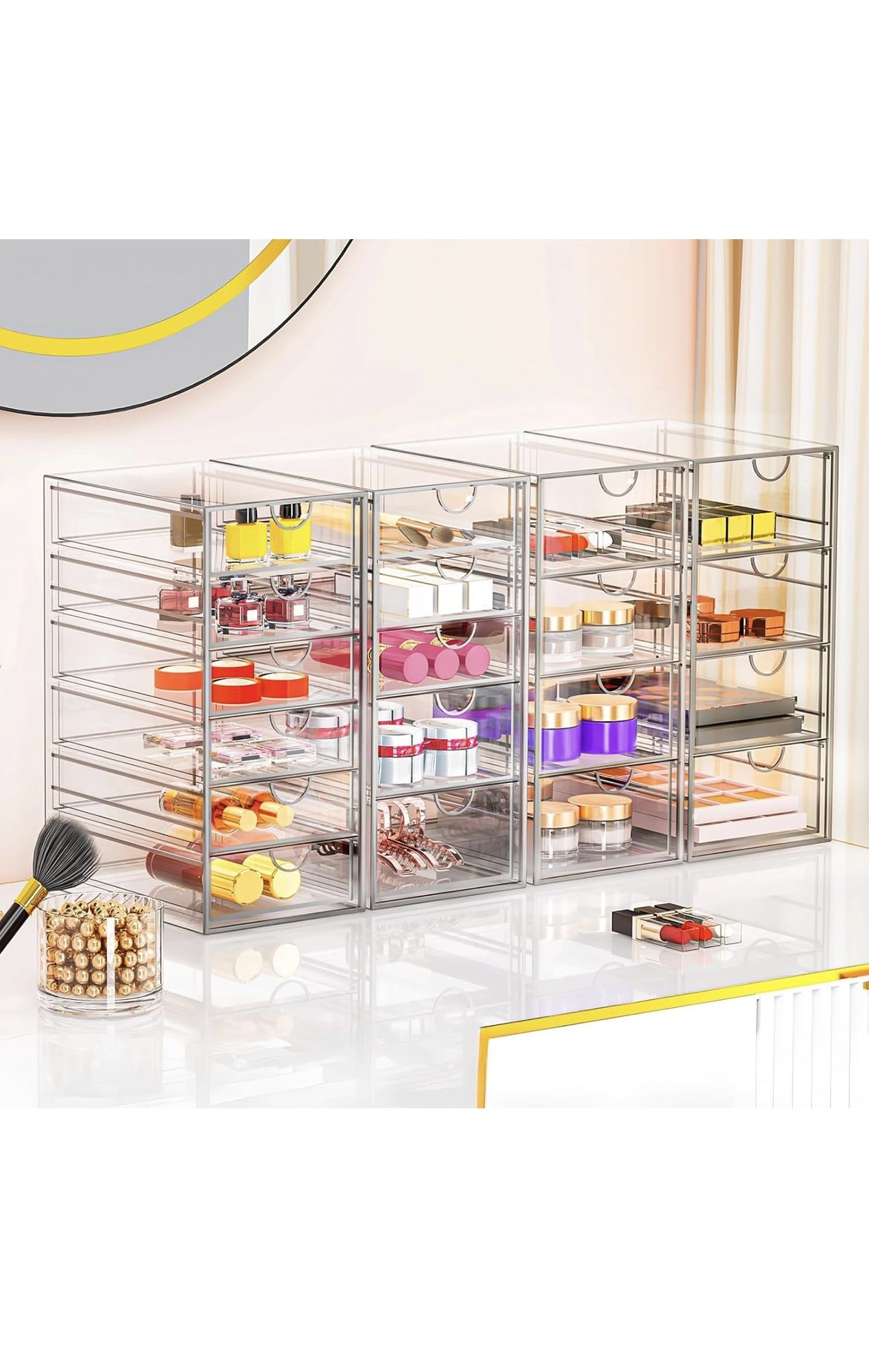 Brand new Acrylic Makeup Organizer with 24 Drawers, 4 Pack Clear Bathroom Counter Organizer for Sunglasses, Cosmetic, and Beauty Supplies,Ideal for Va