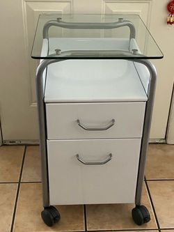 Modern White Metal & Tempered Glass Top Rolling Utility Cart 2 Size Drawers Silver Heavy Duty Frame for Salon, Media, Gaming, Microwave and many other
