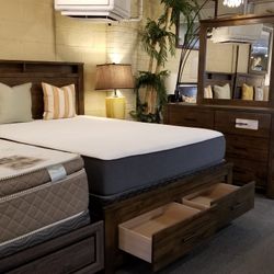 Brand New Rustic Brown King Or CA King Captain Storage Bedframe + Dresser + Mirror + Nightstand 4PCs Set