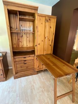 Solid Pine Wood Armoire Craft Cabinet Fold Up Desk