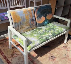 Sturdy eucalyptus outdoor bench w/cushions