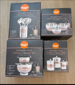 4 Sets Gourmet Edge Stainless Steel Bowls, Canisters, Colanders & 7 PC Utensil Set - New