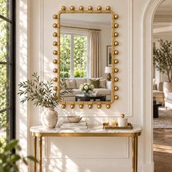 24x36 inch Modern Gold Wall Mirror Round Beads, Mid Centuray Modern Rectangle Mirrors for Entryway Bedroom, Large Decorative Bathroom Vanity Mirror Ov