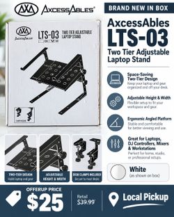 NEW AxcessAbles LTS-03 Two-Tier Adjustable Laptop / DJ Stand – White