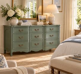 Vintage Solid Wood Sage Green French Provincial Triple Dresser