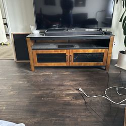Modern TV Stand w/ Glass Doors – Wood + Black Finish