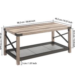 38.82″ Farmhouse Coffee Table, 2-Tier Cocktail Table, Center Table with Mesh Shelf, Steel Frame, Corner Protection, Industrial Style, Long Table For L