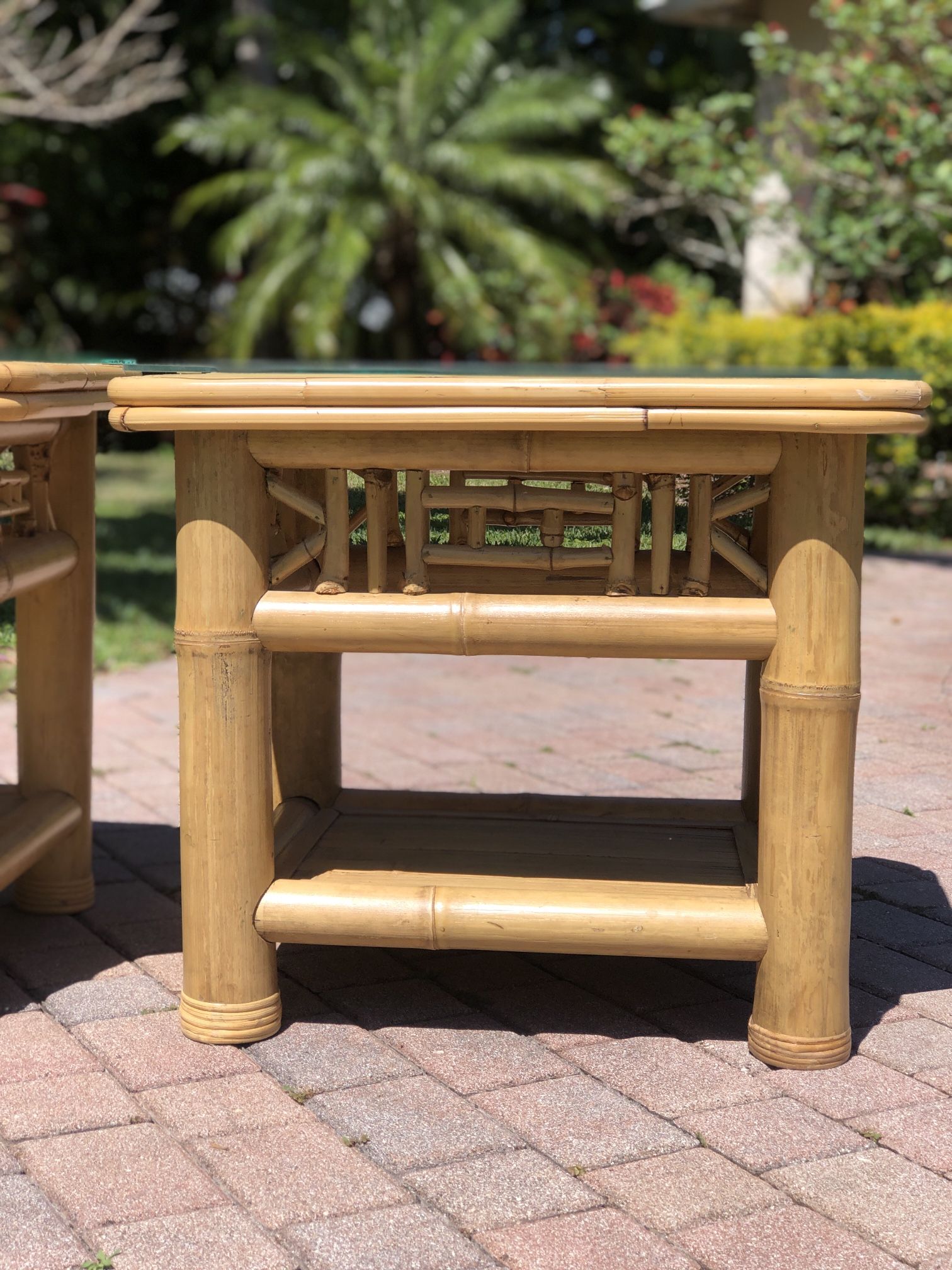 PAIR Vintage Late 20th Century Chunky Bamboo End Table / Side Tables / Glass Top Cover