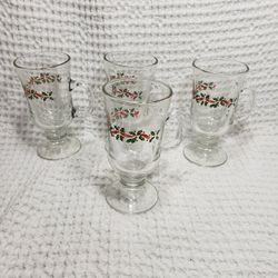  Libbey Christmas Holly and Ribbon Irish glass Coffee footed Mugs set of 3 6" H X 3" W 