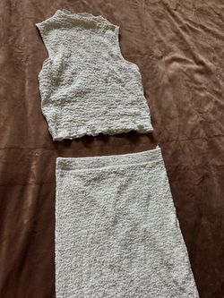 White Textured Crop Top and Skirt Set