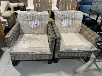Gray Wicker Outdoor Lounge Chair with Beige Cushions (2-Pack)