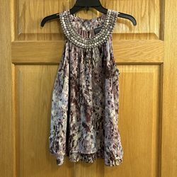 Covington Women's Purple Floral Sleeveless Top Blouse Size M Med Beaded Bling 