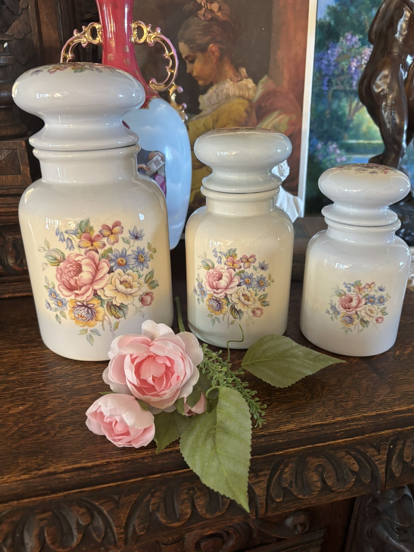 Shabby Chic Cottage Blue Pink Floral Canisters Set Of 3