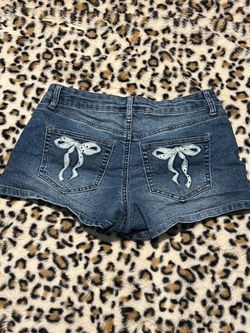 Denim Jean Shorts with Bow Embroidery