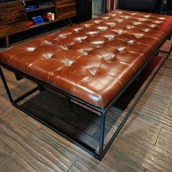 Tufted Tan Leather EdgeMod Curio Ottoman and Black Frame Brand New