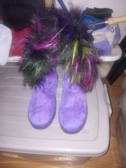 Purple Suede Boots with Multicolor Fur Trim