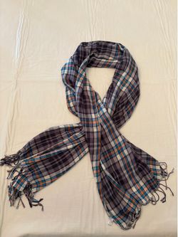 Large Plaid Fringe Scarf in Gray, Blue & Orange