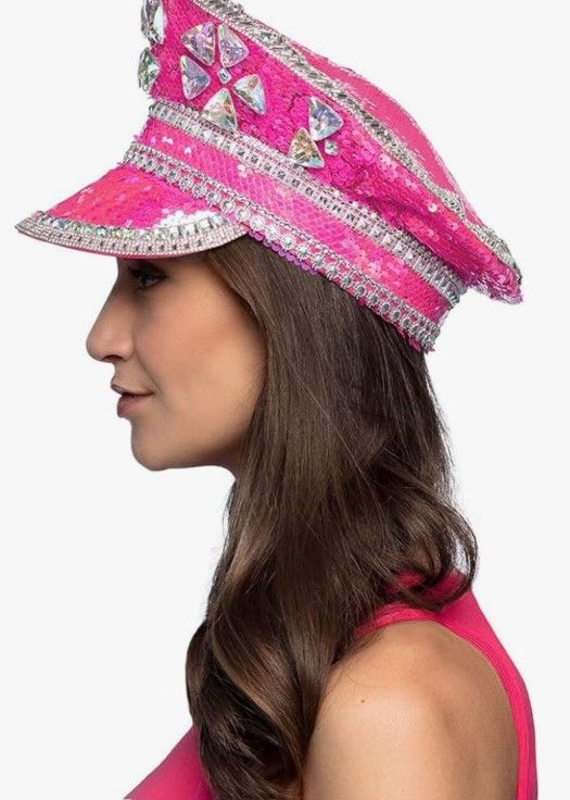 Hat Pink Peaked Cap with Sequins, Hat for Costumes, Festival, And Theme Parties