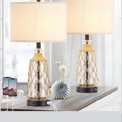 New in box 25.5" Coastal Glass Table Lamps Set of 2, 3-Way Dimmable Touch Control Bedside Lamps with 2 USB Ports and AC Outlet, Clear Nautical Nightst
