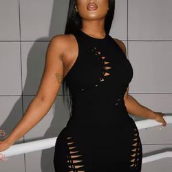 Black Cut Out Sleeveless Bodycon Two Piece Crew Neck Party Cocktail Size M