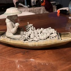 Vintage Chinese Carved Jade Ceramic Woman on Boat