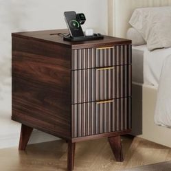 BRAND NEW 
Biemlerfn 3 Drawer Side Table with Charging Station, Narrow End Table with Open Storage, Wooden Nightstand for Bedroom, Living Room, Brown