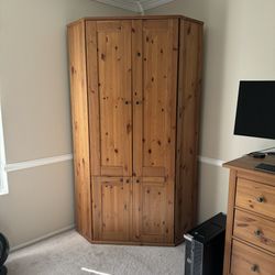 IKEA Solid Wood Corner Computer Desk Armoire Cabinet W/keyboard Tray Very Good Condition 