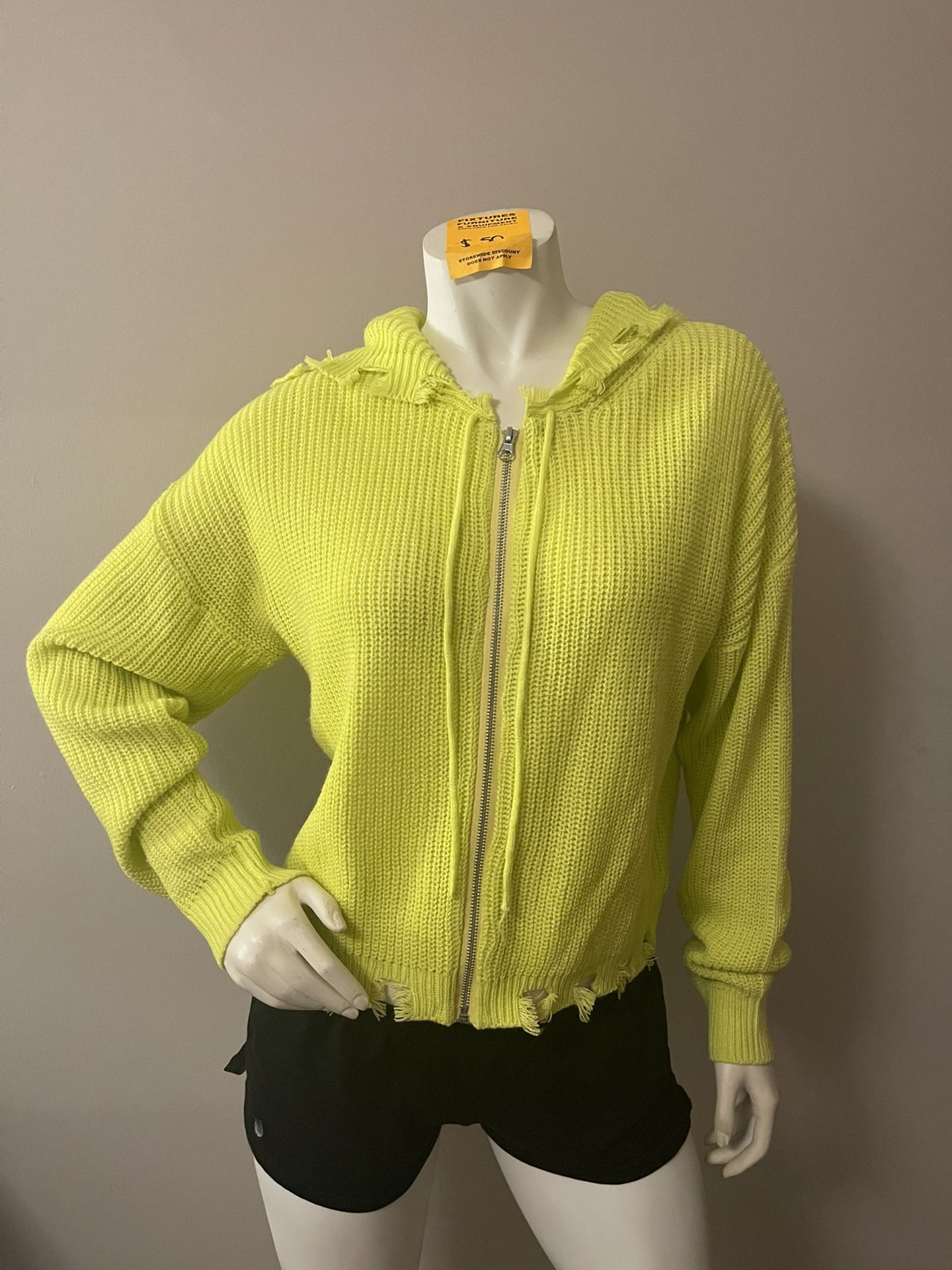 Women’s Neon Green Knitted Zip-Up Sweater 