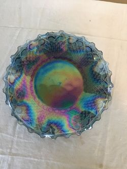 Vintage Iridescent Blue Carnival Glass Ruffled Bowl Plate 10”