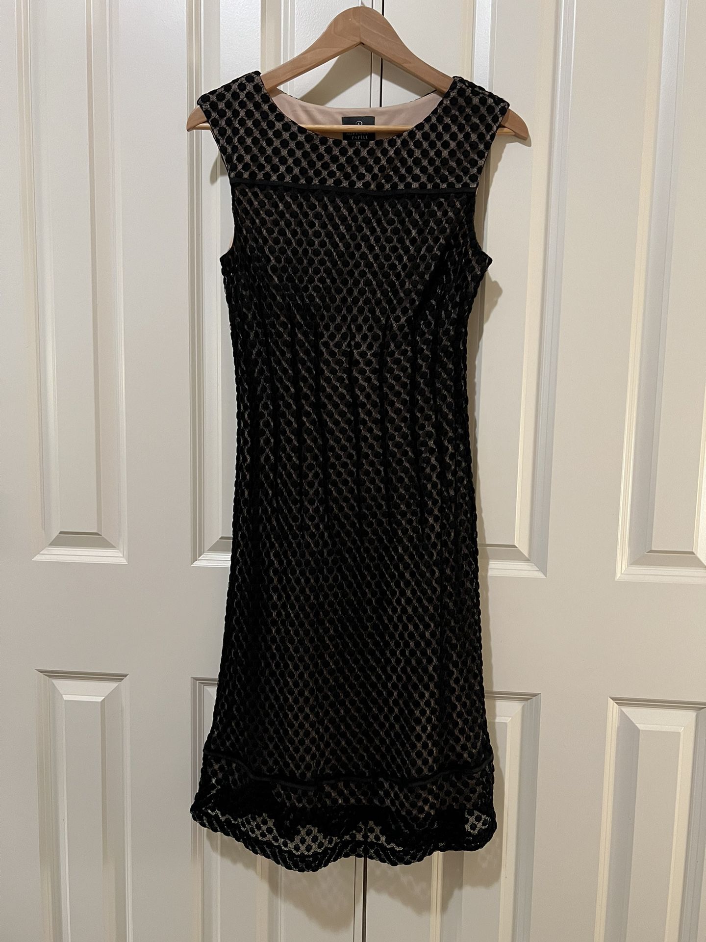 Adrianna Papell Black Lace Overlay (w/Camel Liner) Dress, Size 10, in Stretchy Knit Fabric