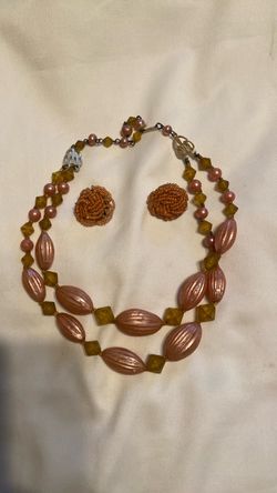 Vintage Multi Colored Necklace, & Clip On Earrings