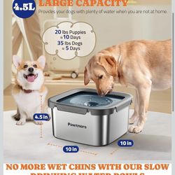 Dog Water Bowl No Spill, 4.5L Stainless Steel Dog Floating Bowl, Slow Water Bowl for Dog with Filter, Non-Slip Base, No Splash Water Bowl for Medium L