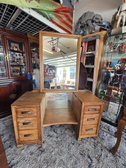 Solid Wood Art Deco Vanity Dressing Table with Adjustable Mirror