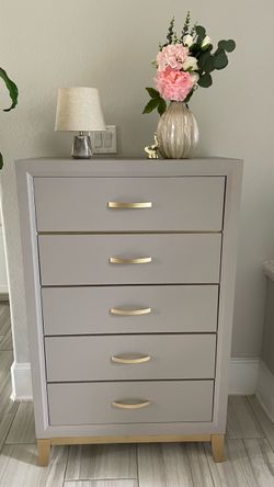 Refinished 5-Drawer Tall Dresser – Taupe & Gold