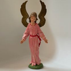 Vintage Depose Italy Angel Figurine Pink Robe Gold Wings Nativity Christmas 5.75”