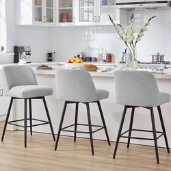 360°Swivel Counter Height Bar Stools Set of 3,Upholstered Morden Kitchen Barstools with High Backs,26" H Seat Height,Metal Legs (Fabric - Grey, 3 Piec