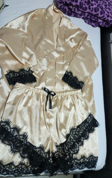 Gold Satin Robe + Black Lace Trim + Satin Shorts 