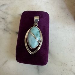 925 Sterling silver genuine Larimar pendant , nice size not small , large bale , marked 925