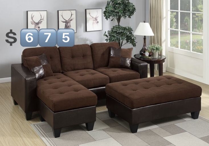 Chocolate Reversable Sectional Sofa 🛋 Set Chaise With Ottoman