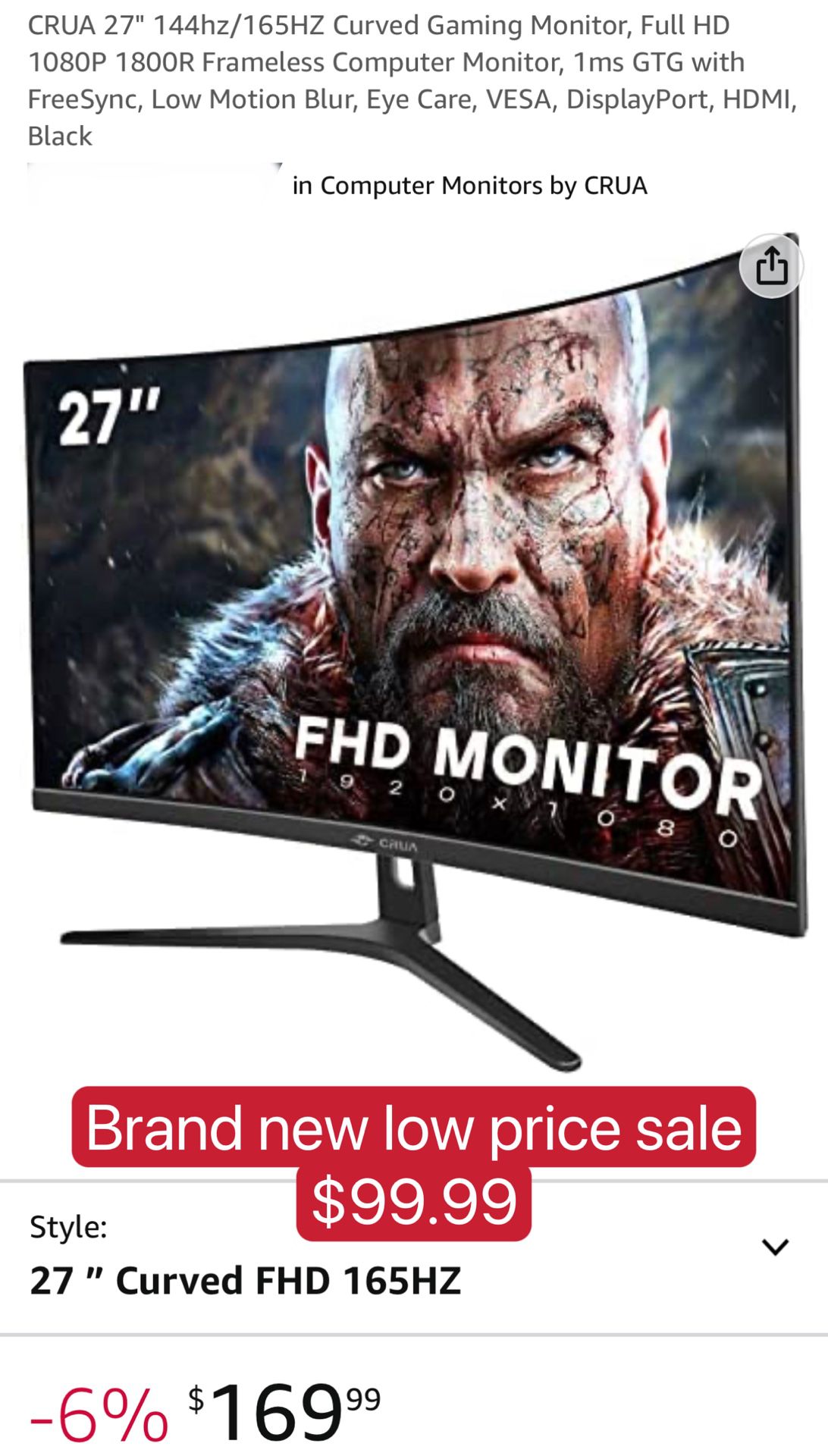 27" 165HZ Curved Gaming Monitor, Full HD 1080P 1800R Frameless Computer Monitor, 1ms GTG with FreeSync, Low Motion Blur, Eye Care, VESA, Display