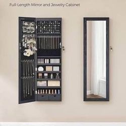 New Lockable Jewelry Cabinet, Wall or Door Mountable, with 6 LED Lights and Mirror, for Organization