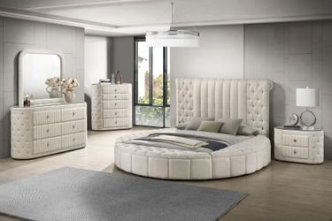 Luxurious & grand round bedroom set wrapped in ivory velvet upholstery