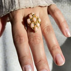 Vintage Pink Coral Cluster Cocktail Statement Ring featuring Gold and Silver Detail