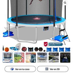 Sportspower TruJump 12-Foot Heavy-Duty MULTIPLAY Outdoor Trampoline with Dunk Zone Basketball Hoop System, Safety Enclosure Net, Electron Blaster, Wat