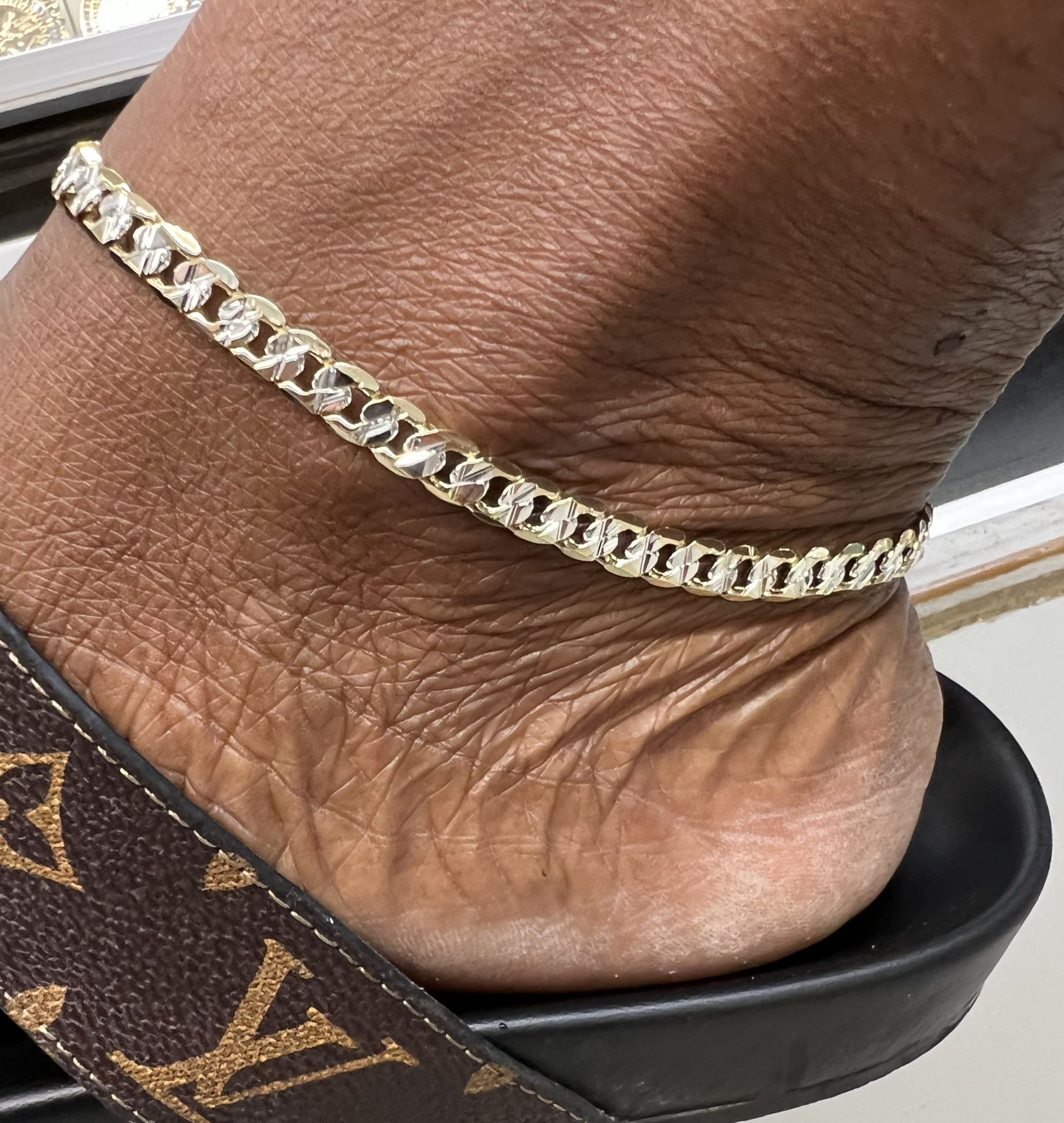 ⭐️anklet🌟14k Gold Filled Hypoallergenic Two Tone Diamonds Cut Cuban  Anklet 