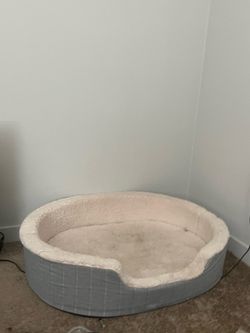 Large greyish white dog bed