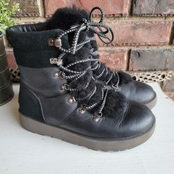 UGG Vicki Womens 7 Waterproof Black Leather and Shearling Sheepskin Lace-up Boots