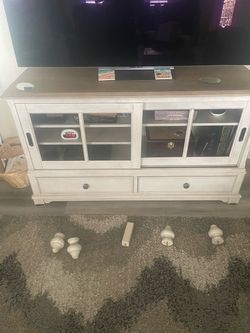 White TV Stand with Glass Doors and Drawers