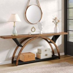 70.87 in. W Walnut and Black Console Tables, Rectangle Wooden Console Table with Half Moon Frame.