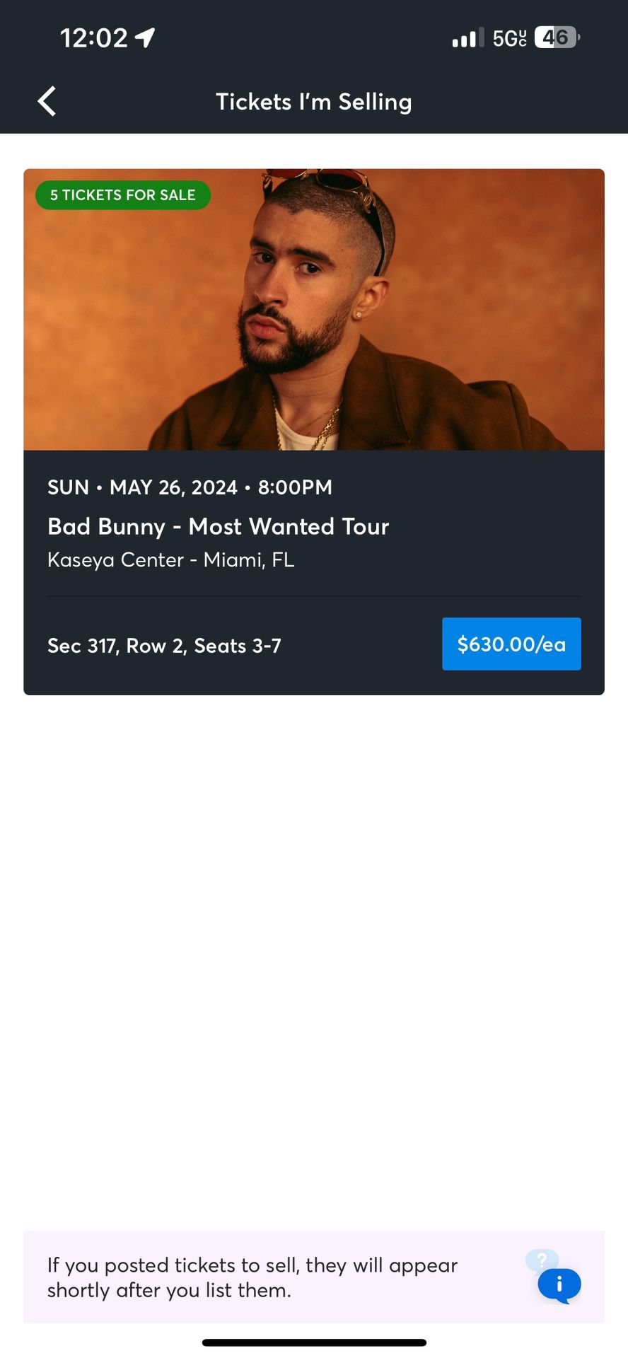 Selling 5 Bad bunny tickets - Sunday 26th